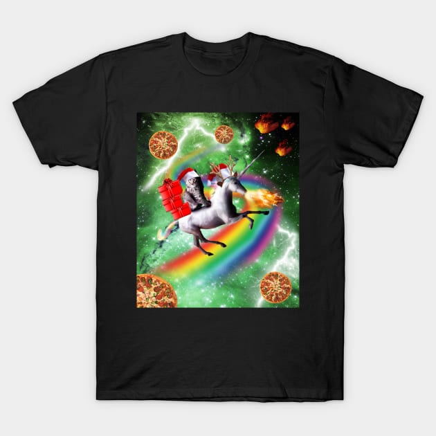 Christmas Cat Santa Riding Unicorn, Space Pizza Funny T-Shirt by Random Galaxy